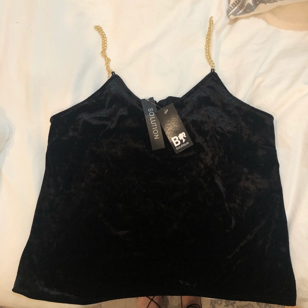 Black velvet top with gold chain straps